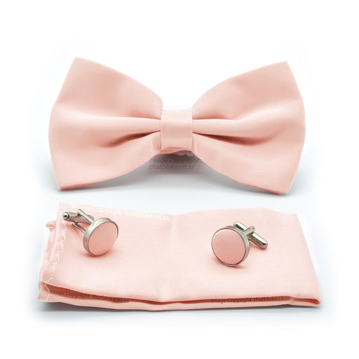 Light Peach Pink Bow Tie Pocket Square Set For Men Silky Polyester