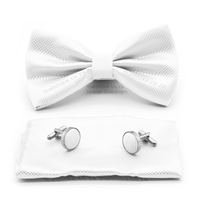 Bow Tie & Pocket Square Set - White (Diamond Pattern)