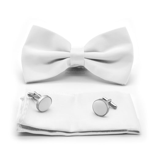 White Bow Tie Set Pocket Square Silky Polyester