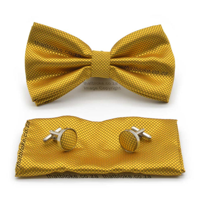 Yellow Gold Bow Tie Pocket Square Set Diamond Pattern Polyester