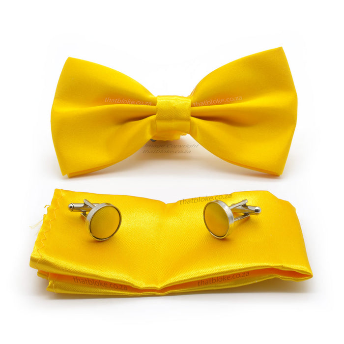 Light Honey Yellow Bow Tie Pocket Square Set For Men Silky Polyester