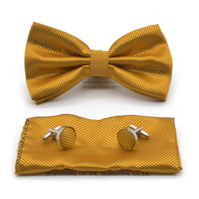 Mustard Gold Bow Tie Pocket Square Set Diamond Pattern