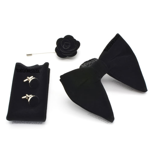 Black Velvet Bow Tie Pocket Square Lapel Set For Men Oversized Butterfly