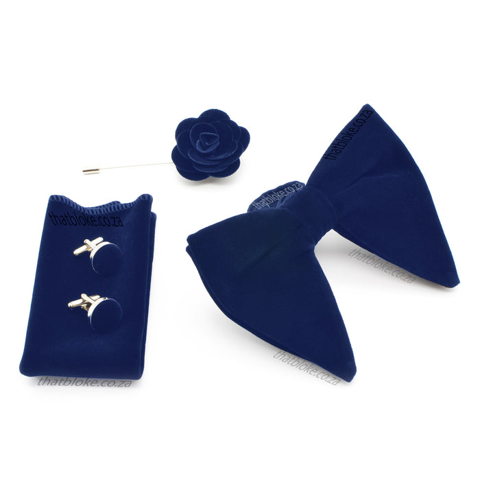 Light Navy Blue Velvet Bow Tie Pocket Square Lapel Set For Men Oversized Butterfly