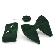 Dark Green Velvet Bow Tie Pocket Square Lapel Set For Men Oversized Butterfly