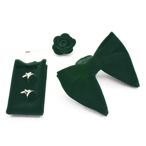 Dark Green Velvet Bow Tie Pocket Square Lapel Set For Men Oversized Butterfly