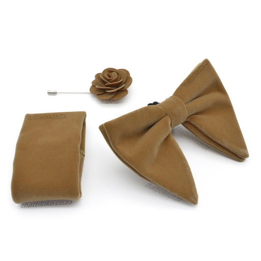 Camel Beige Velvet Bow Tie Pocket Square Set For Men Oversized Butterfly