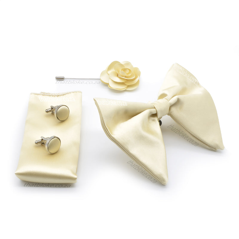 Light Yellow Cream Bow Tie Pocket Square Set For Men Oversized Butterfly Polyester
