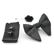 Black Bow Tie Pocket Square Set For Men Oversized Butterfly Polyester