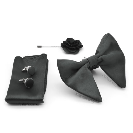 Black Bow Tie Pocket Square Set For Men Oversized Butterfly Polyester