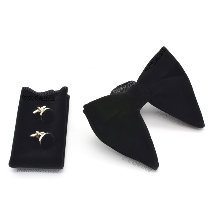 Black Velvet Bow Tie Pocket Square Set For Men Oversized Butterfly