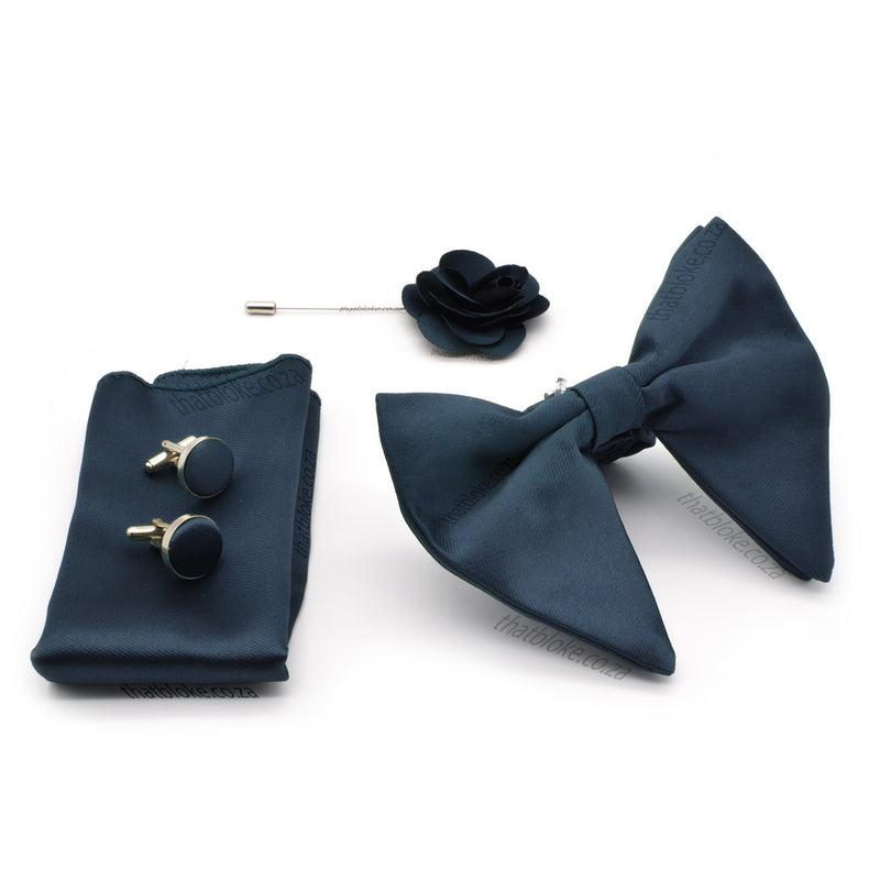 Dark Navy Blue Bow Tie Pocket Square Set For Men Oversized Butterfly Polyester