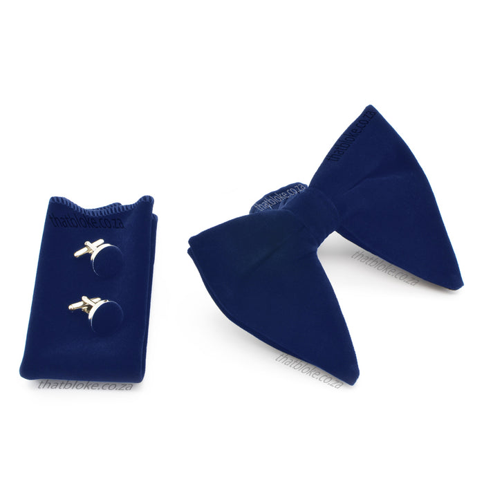 Light Navy Blue Velvet Bow Tie Pocket Square Set For Men Oversized Butterfly