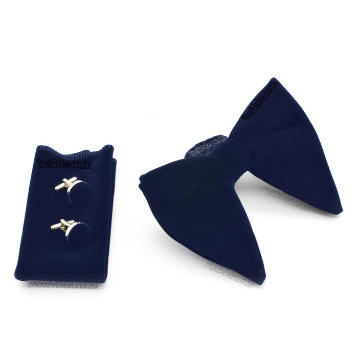 Dark Navy Blue Velvet Bow Tie Pocket Square Set For Men Oversized Butterfly