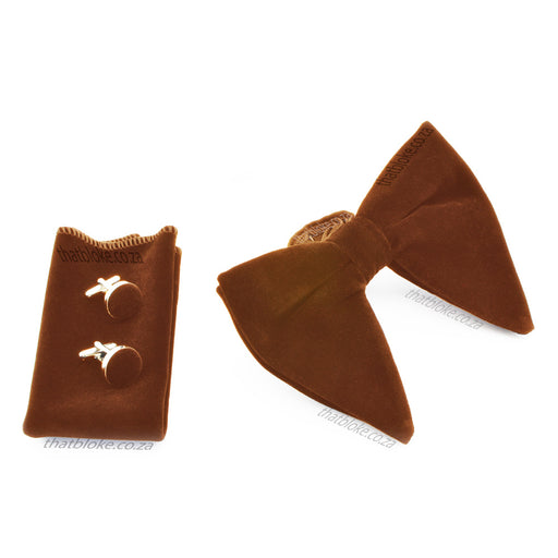 Dark Gingerbread Brown Velvet Bow Tie Pocket Square Set For Men Oversized Butterfly