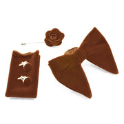 Dark Gingerbread Brown Velvet Bow Tie Lapel Pocket Square Set For Men Oversized Butterfly