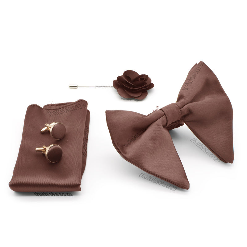 Rustic Brown Bow Tie Pocket Square Set For Men Oversized Butterfly Polyester