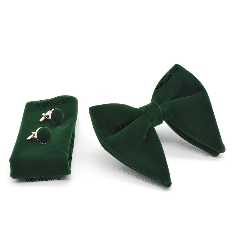 Dark Green Velvet Bow Tie Pocket Square Set For Men Oversized Butterfly