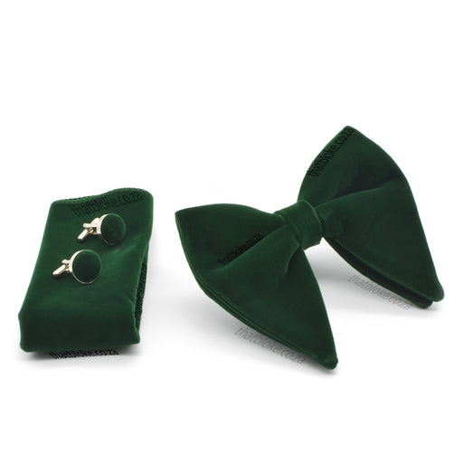 Dark Green Velvet Bow Tie Pocket Square Set For Men Oversized Butterfly