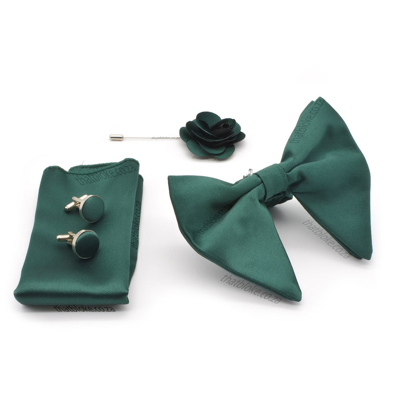 Dark Emerald Green Bow Tie Pocket Square Set For Men Oversized Butterfly Polyester