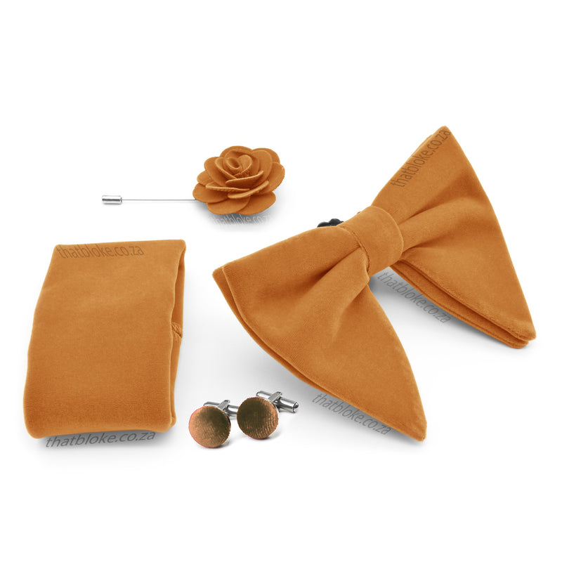 Dark Mustard Orange Velvet Bow Tie Pocket Square Set For Men Oversized Butterfly