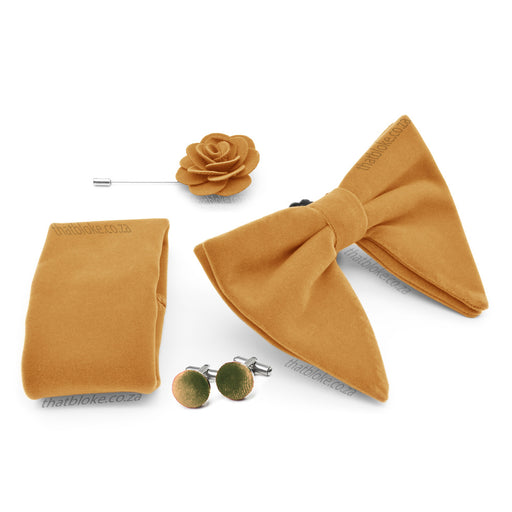 Light Mustard Orange Velvet Bow Tie Pocket Square Set For Men Oversized Butterfly