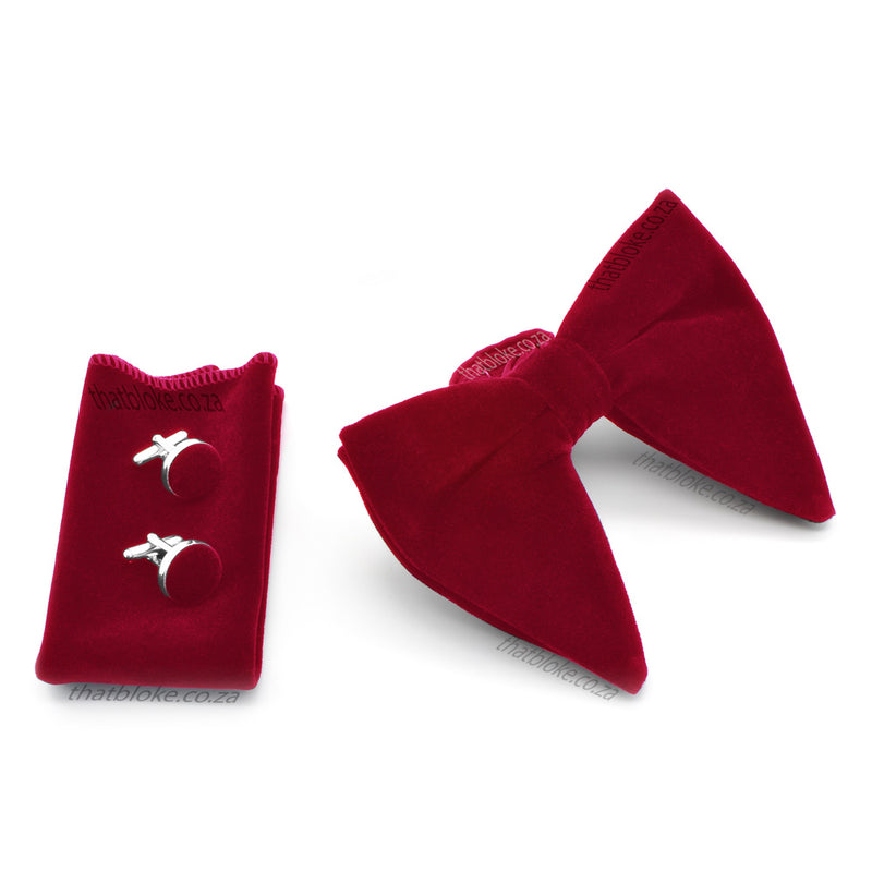 Dark Red Velvet Bow Tie Pocket Square Set For Men Oversized Butterfly
