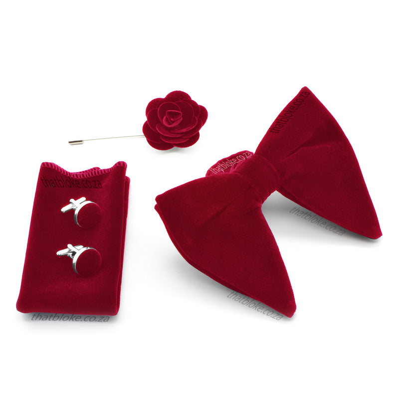 Dark Red Velvet Bow Tie Pocket Square Set Lapel Flower For Men Oversized Butterfly