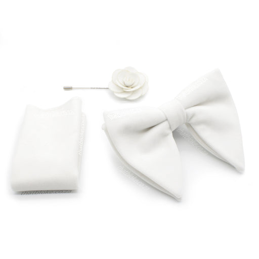 White Velvet Bow Tie Pocket Square Set For Men Oversized Butterfly