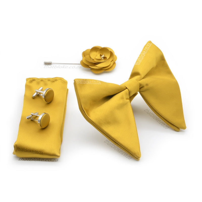 Vibrant Yellow Gold Bow Tie Pocket Square Set For Men Oversized Butterfly Polyester