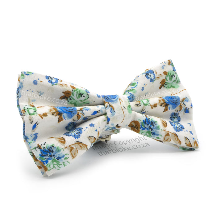 White Floral Bow Tie Brown Green Blue Roses Floral Cotton Side View