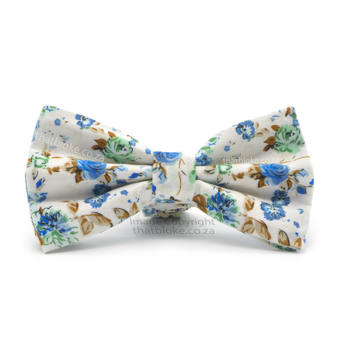 White Floral Bow Tie Brown Green Blue Roses Floral Cotton Front View