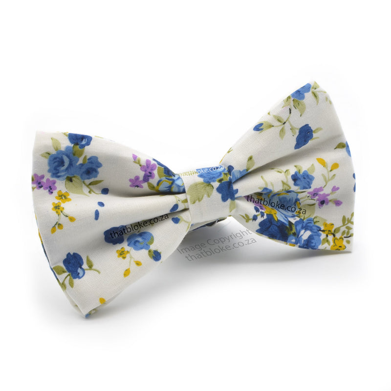 White Floral Bow Tie Blue Purple Roses Floral Cotton Side View