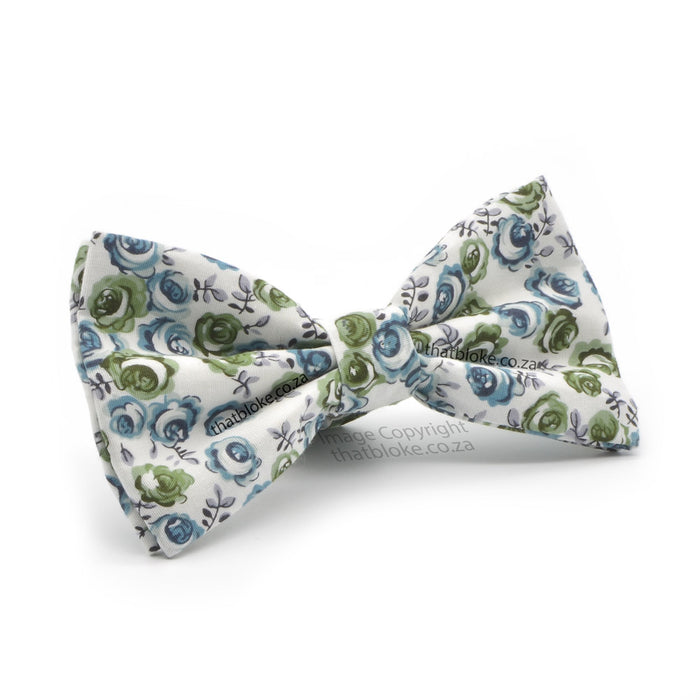 Green Blue And White Floral Rose Bow Tie For Men Cotton Side View