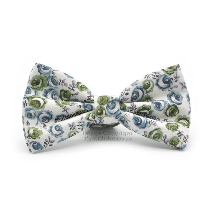 Green Blue And White Floral Rose Bow Tie For Men Cotton Front View