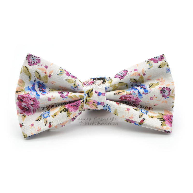 White Floral Bow Tie For Men PInk Blue Roses Floral Cotton Front View