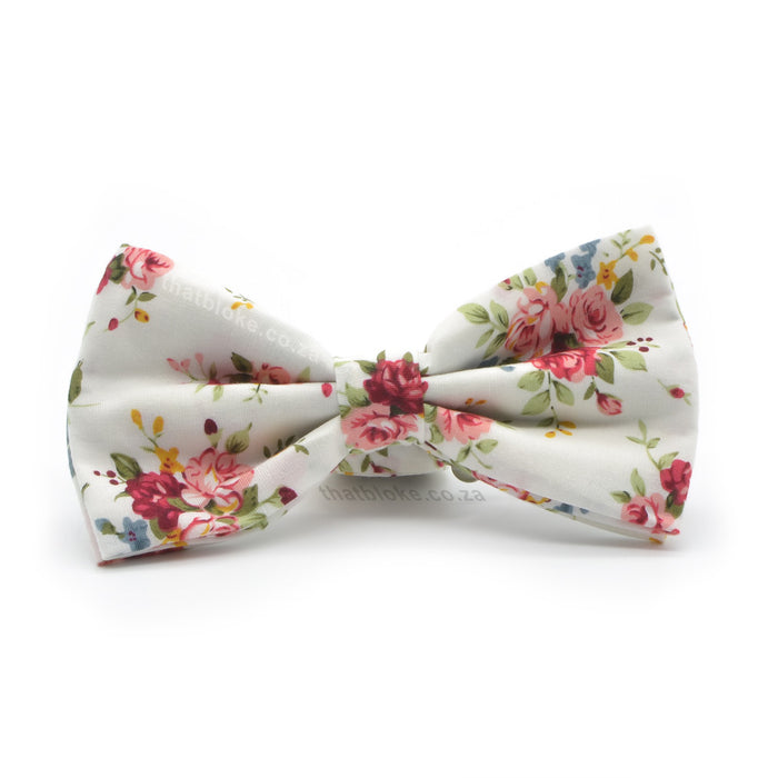 White Bow Tie For Men With Pink Floral Pattern Front View