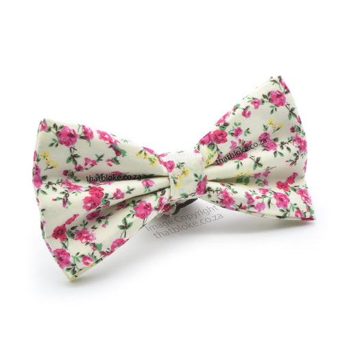 Floral Rose Bow Tie For Men White Green Pink Floral Cotton Side View