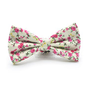 Floral Rose Bow Tie For Men White Green Pink Floral Cotton Front View