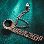 Round Circular Brooch Pin Tassel with Chains and Black Stone Jewel For Men Gold Display Side