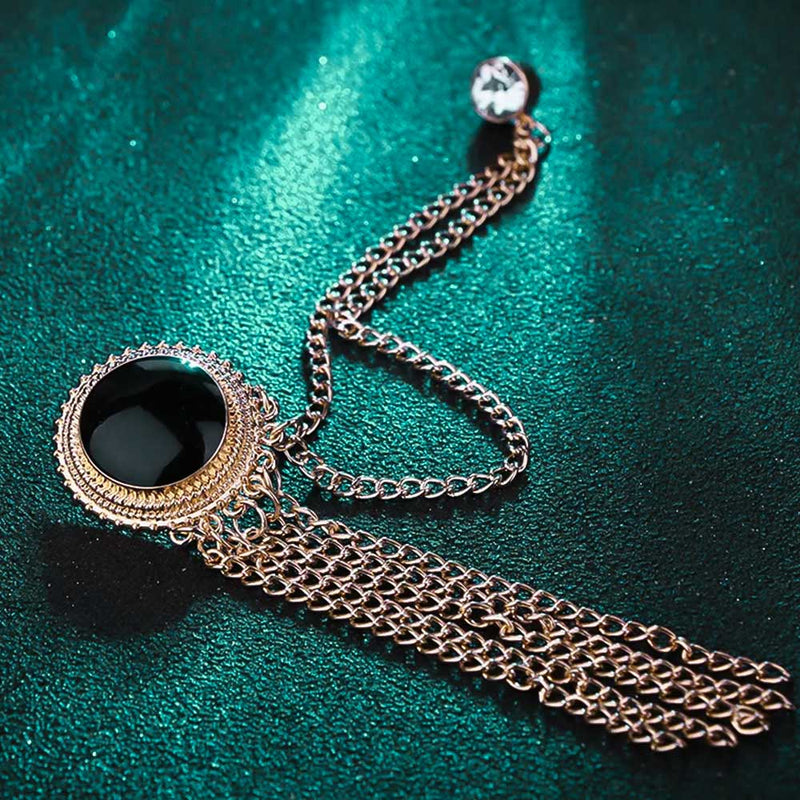 Round Circular Brooch Pin Tassel with Chains and Black Stone Jewel For Men Gold Display Side
