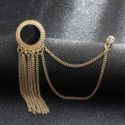 Round Circular Brooch Pin Tassel with Chains and Black Stone Jewel For Men Gold Display Front