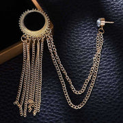 Round Circular Brooch Pin Tassel with Chains and Black Stone Jewel For Men Gold Display Clos-Up