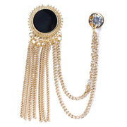Round Circular Brooch Pin Tassel with Chains and Black Stone Jewel For Men Gold Front