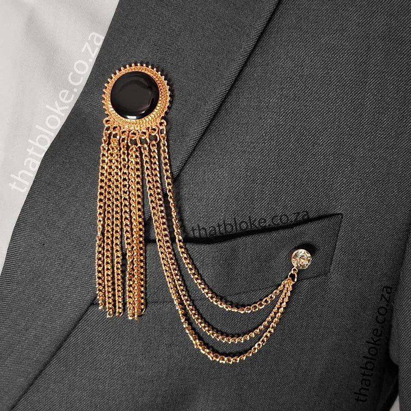 Men's Brooch - Circular Decorative Tassel with Chains & Stone (Rose Gold & Black)