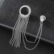 Round Circular Brooch Pin Tassel with Chains and Black Stone Jewel For Men Silver Front
