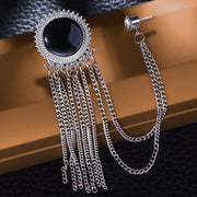 Round Circular Brooch Pin Tassel with Chains and Black Stone Jewel For Men Silver Close-Up