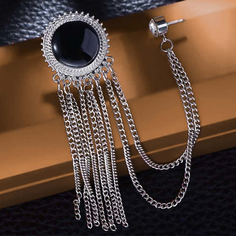 Round Circular Brooch Pin Tassel with Chains and Black Stone Jewel For Men Silver Close-Up