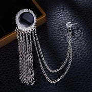Round Circular Brooch Pin Tassel with Chains and Black Stone Jewel For Men Silver Side