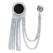 Round Circular Brooch Pin Tassel with Chains and Black Stone Jewel For Men Silver Front